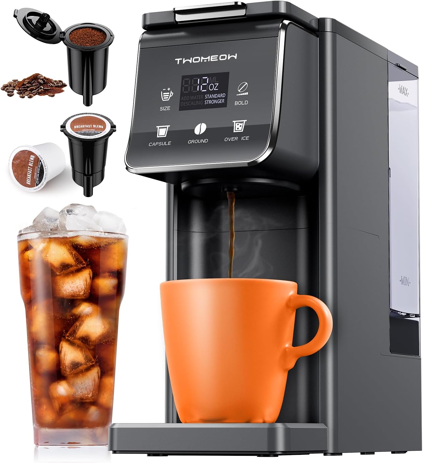 K Cup Coffee Maker, Single Serve Hot & Iced for K-Cup & Grounds | 52oz Removable Reservoir, Single Cup Coffee Maker