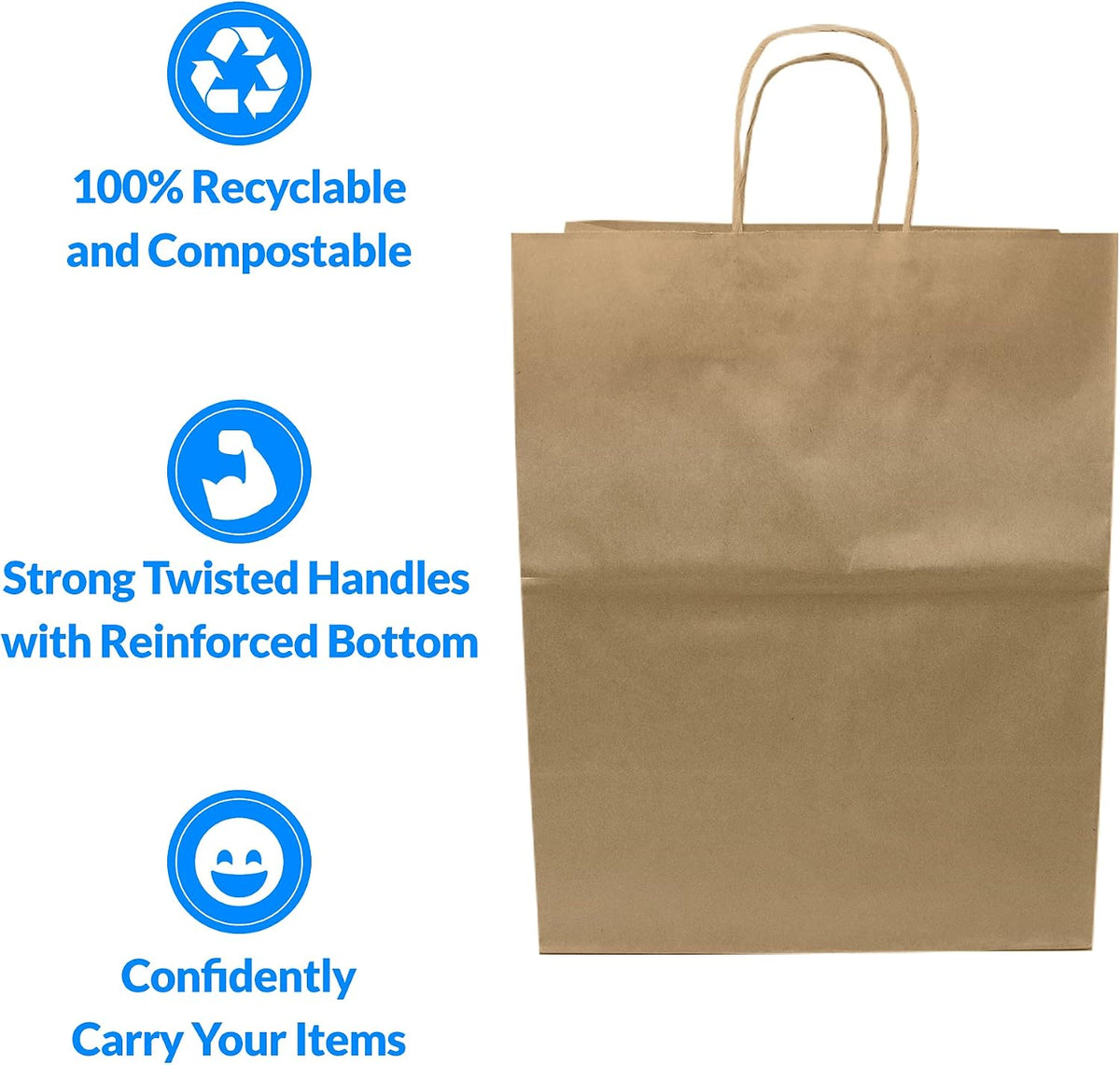 55 Pack Paper Bags with Handles | Kraft Brown