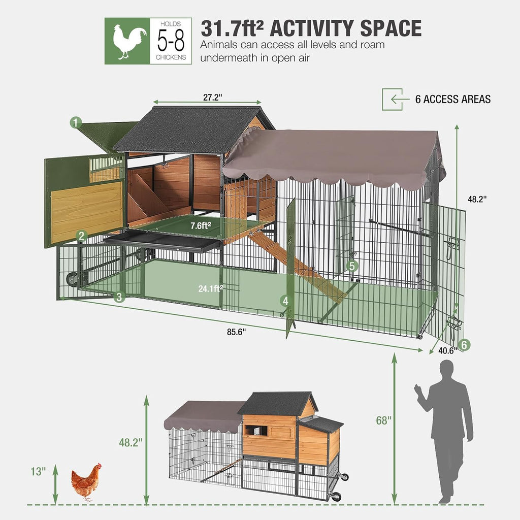 Extra Large Mobile Chicken Coop with Run, Portable Chicken Tractor with Wheels, Wooden Poultry Cage with All-Around