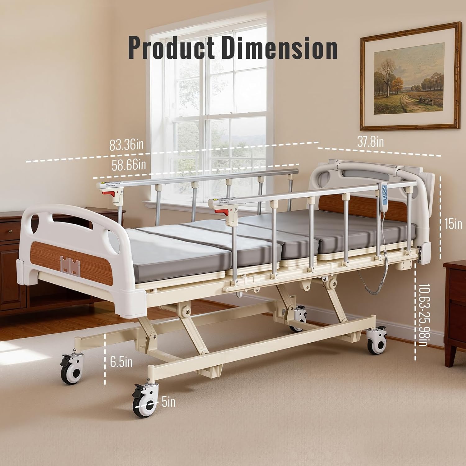 Electric Hospital Bed, 4 Function ICU Medical Bed with Waterproof Foam Mattress, Adjustable IV Pole, Dining Bord