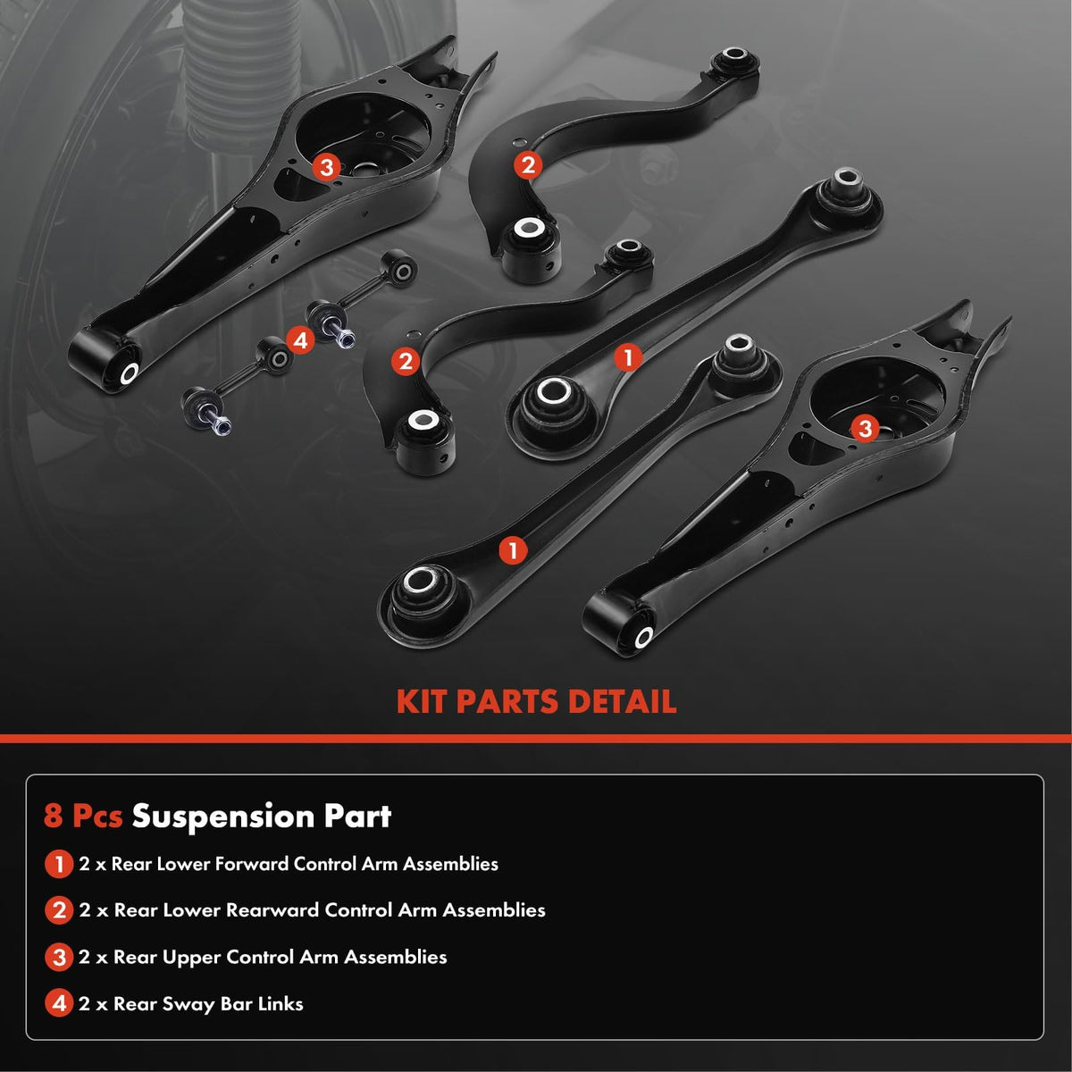 A-Premium 8Pcs Rear Suspension Kit Upper Lower Forward Rearward Control Arm