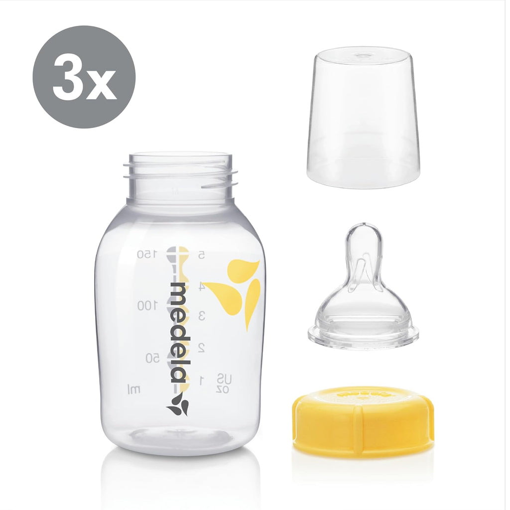 Slow Flow Feeding & Storage Bottles, 3 Pack of 5 Ounce Bottle with Nipple, Lids, Wide Base Collars, and Travel Caps