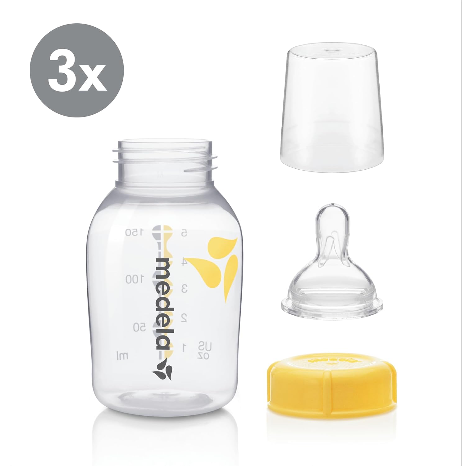 Slow Flow Feeding & Storage Bottles, 3 Pack of 5 Ounce Bottle with Nipple, Lids, Wide Base Collars, and Travel Caps