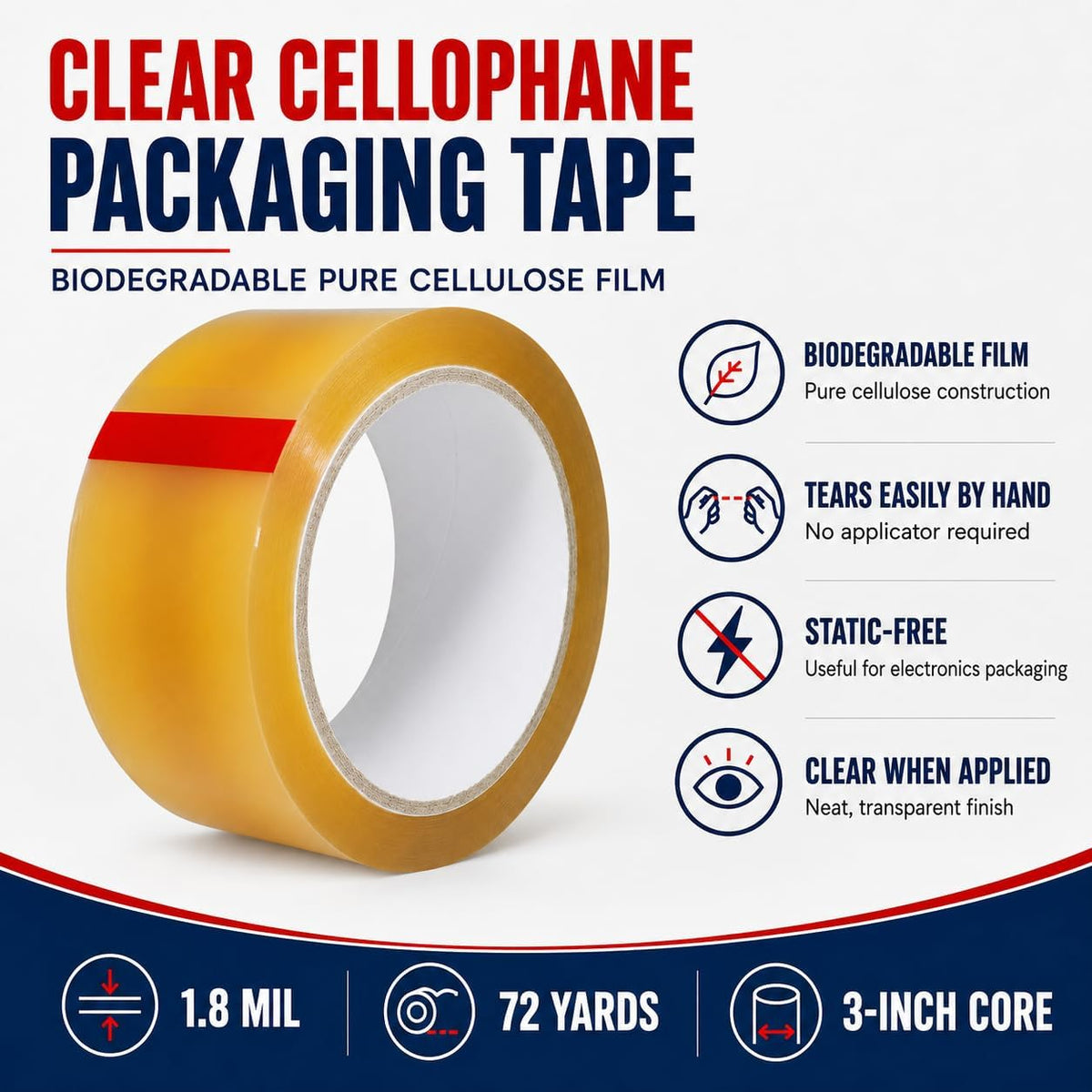 Clear Cellophane Packaging Tape, 1 Inch x 72 Yds, Pack of 10
