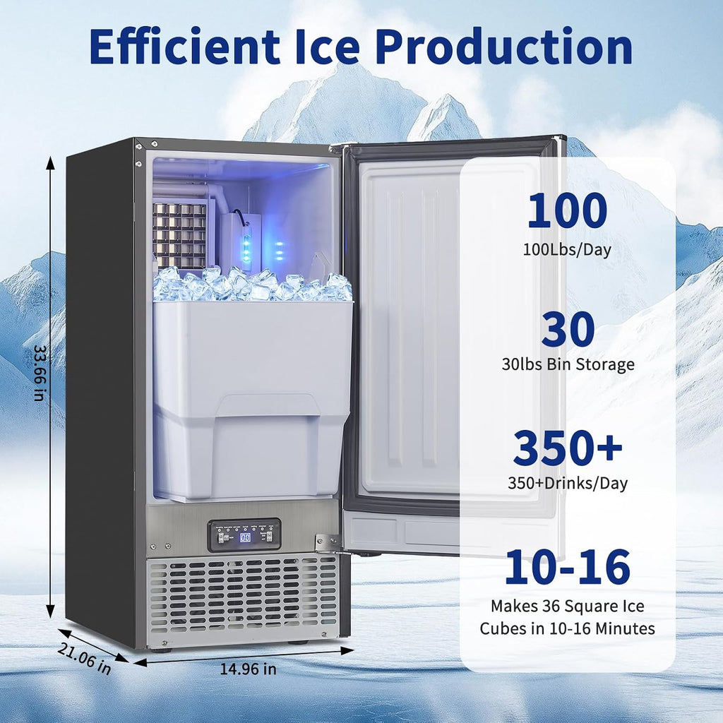 100LBS/24H Undercounter Ice Maker Machine with 30LBS Storage Bin
