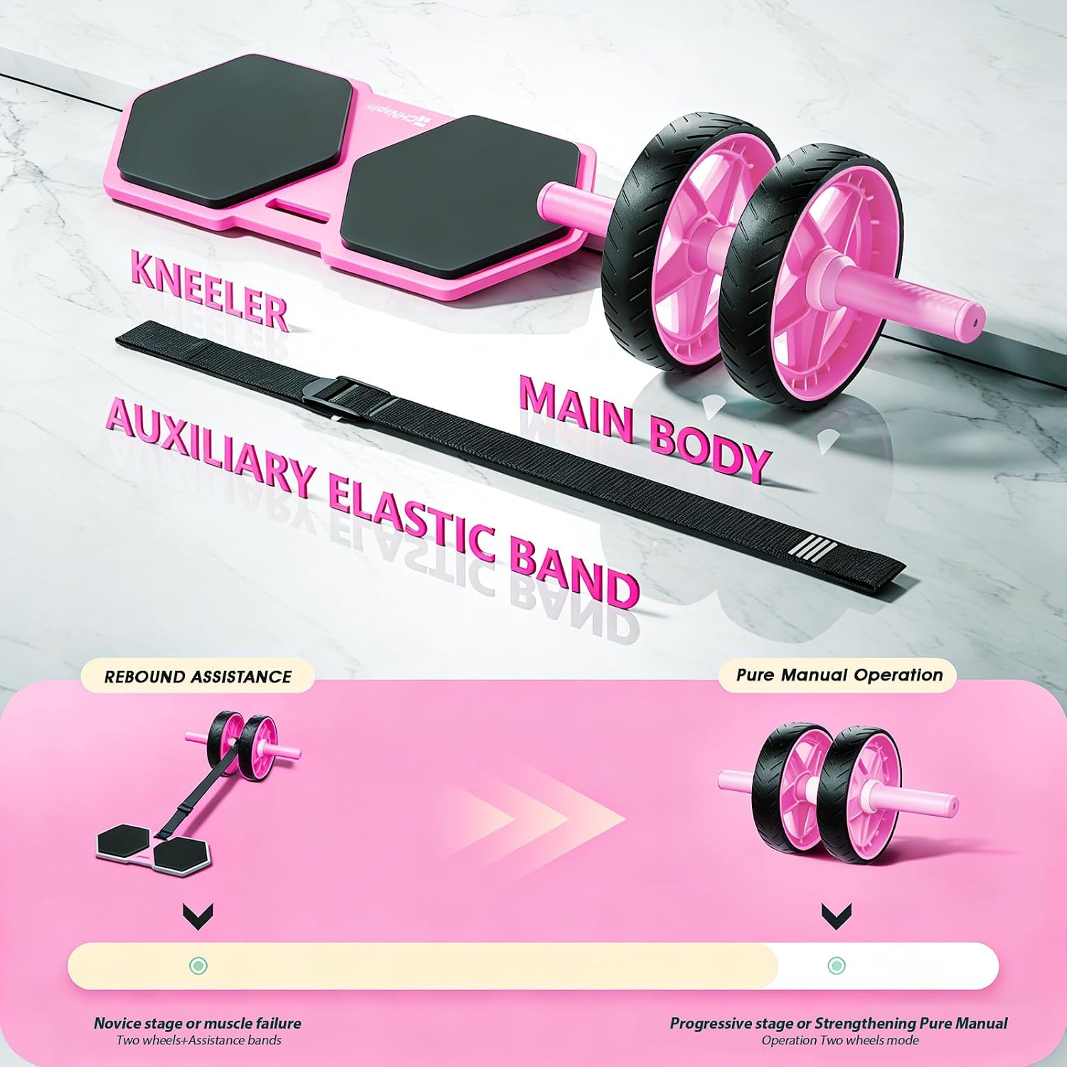 Double-Wheel Ab Roller for Core Training – Rebound Design with Adjustable Elastic Band, Silent Non-Slip Wheels