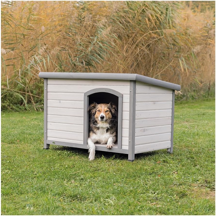 Natura Classic Dog House - Wooden Outdoor Shelter with Weatherproof Sealer, Hinged Roof & Adjustable Legs for Medium