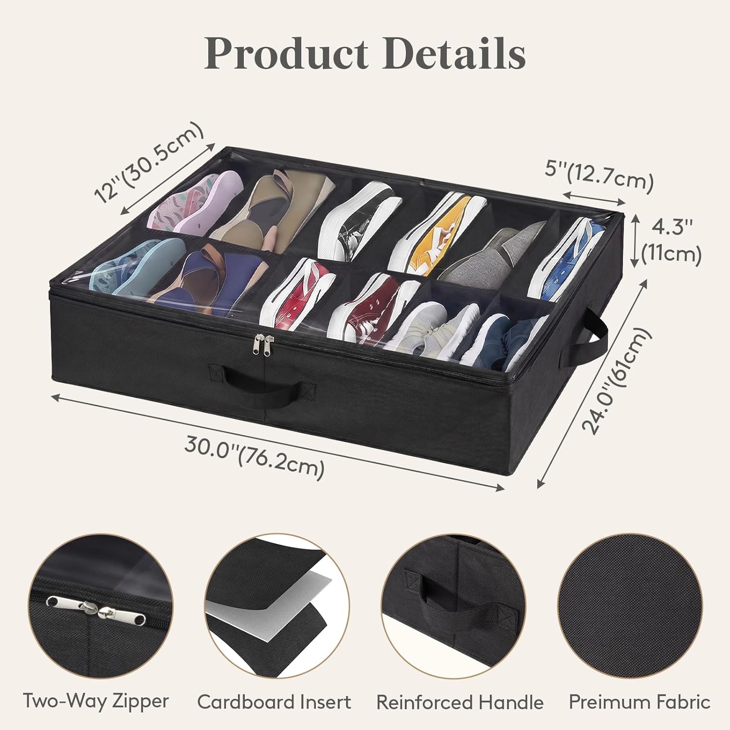 Under Bed Shoe Storage Organizer 2 Pack(12 Shoes Cells), 4.3 Inches Profile Fabric Shoes Container Box with Clear