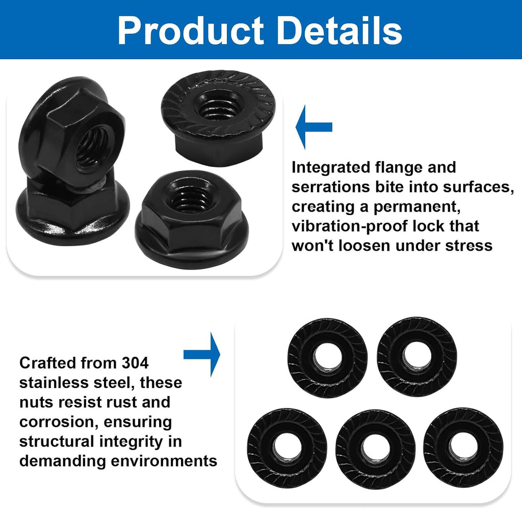 Bonsicoky #10-32 Serrated Flange Nuts, Black, 50 Pack