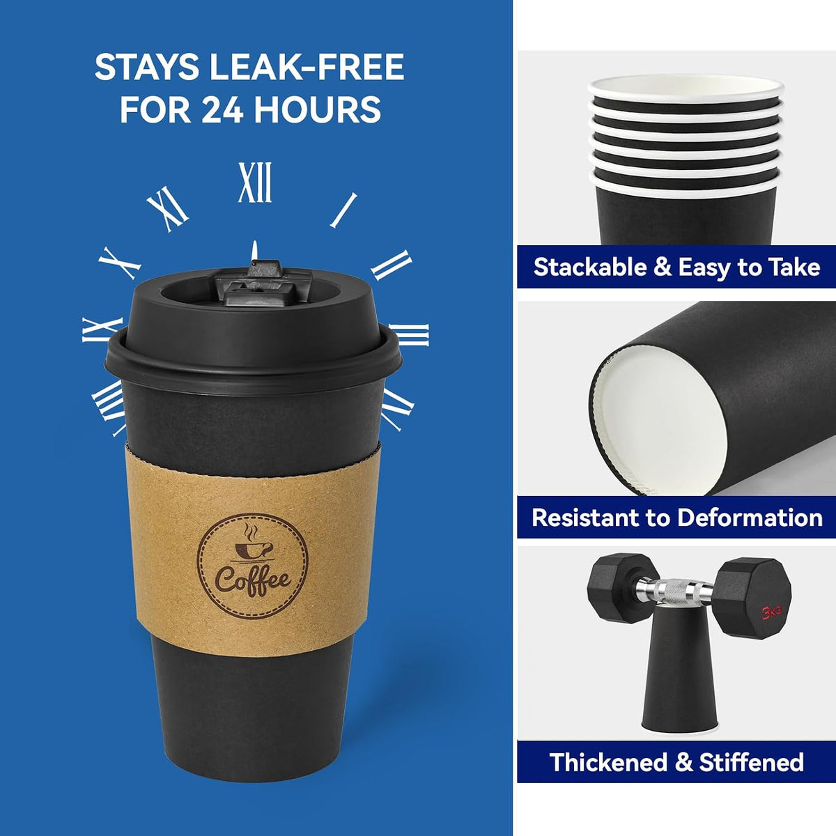 16 oz Black Coffee Cups with Lids, Sleeves & Stirrers 100 Pack