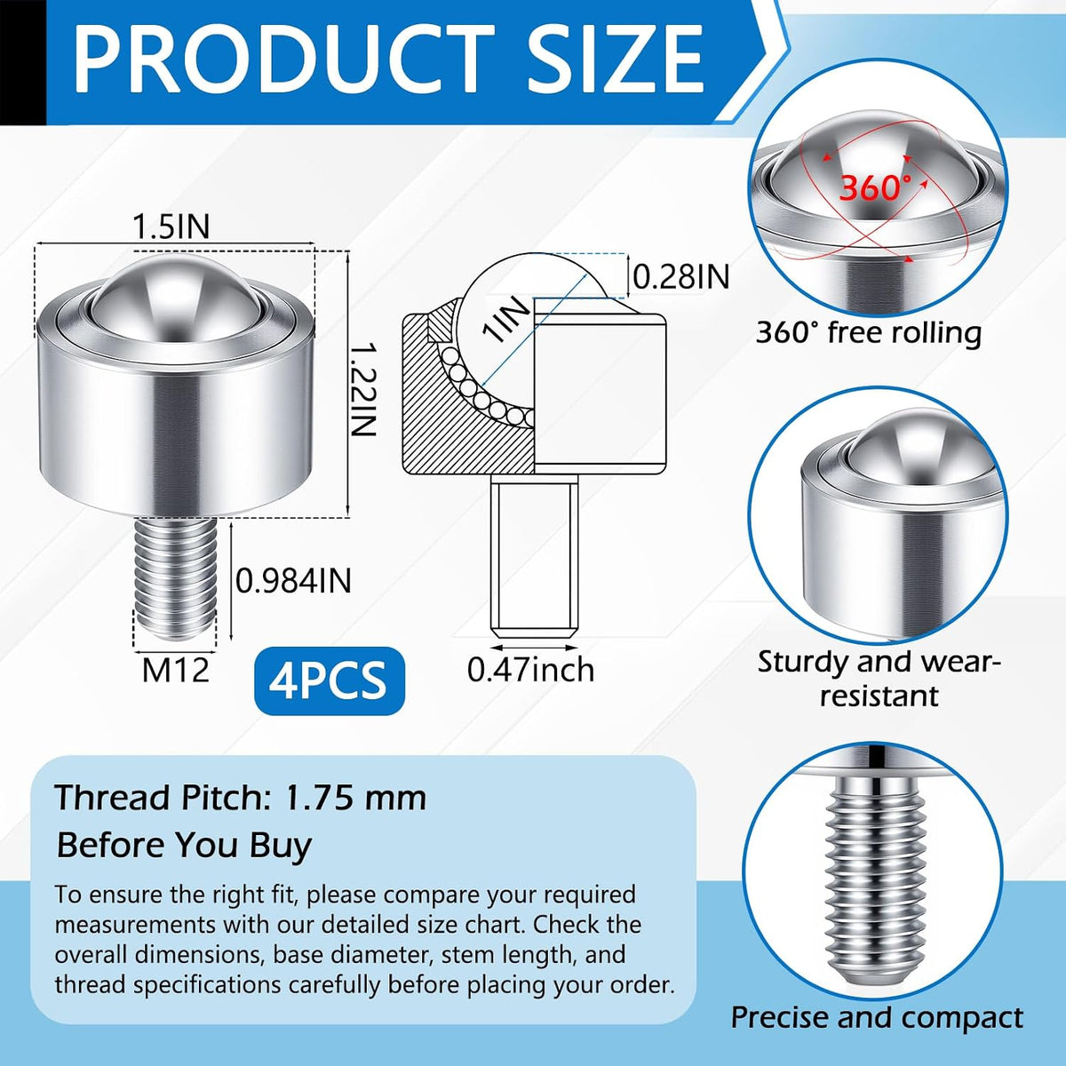 4 Pcs 1 Inch Steel Roller Ball Transfer Bearing Caster