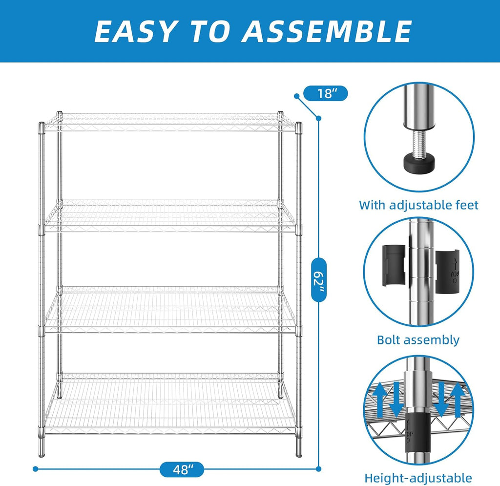 4-Shelf Heavy Duty Wire Shelving,Chrome,48" L x 18" W x 62" H