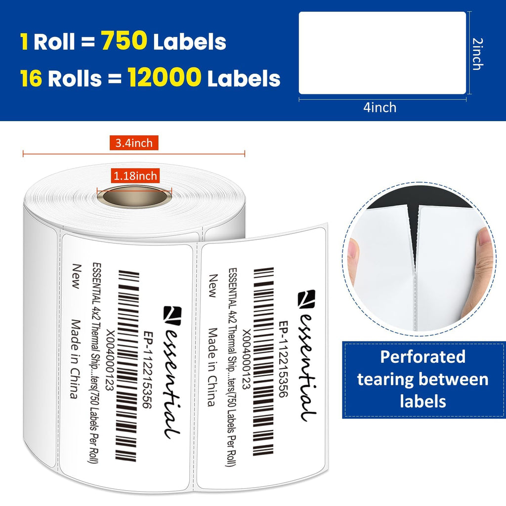 4" x 2" Direct Thermal Labels, 1" Core (12000 Labels, 16 Rolls)