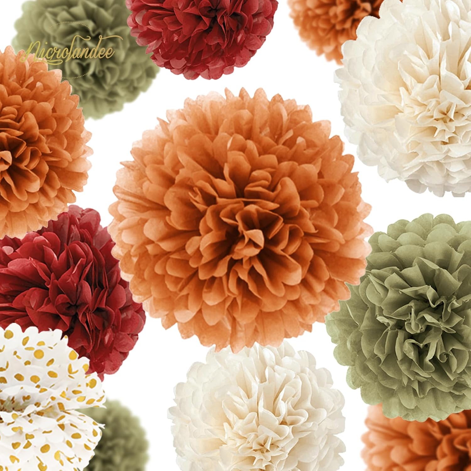 Fall Party Decorations, 12 PCS Pumpkin Orange Burgundy Sage Green Ivory Tissue Pom Poms Thanksgiving Decor for Home