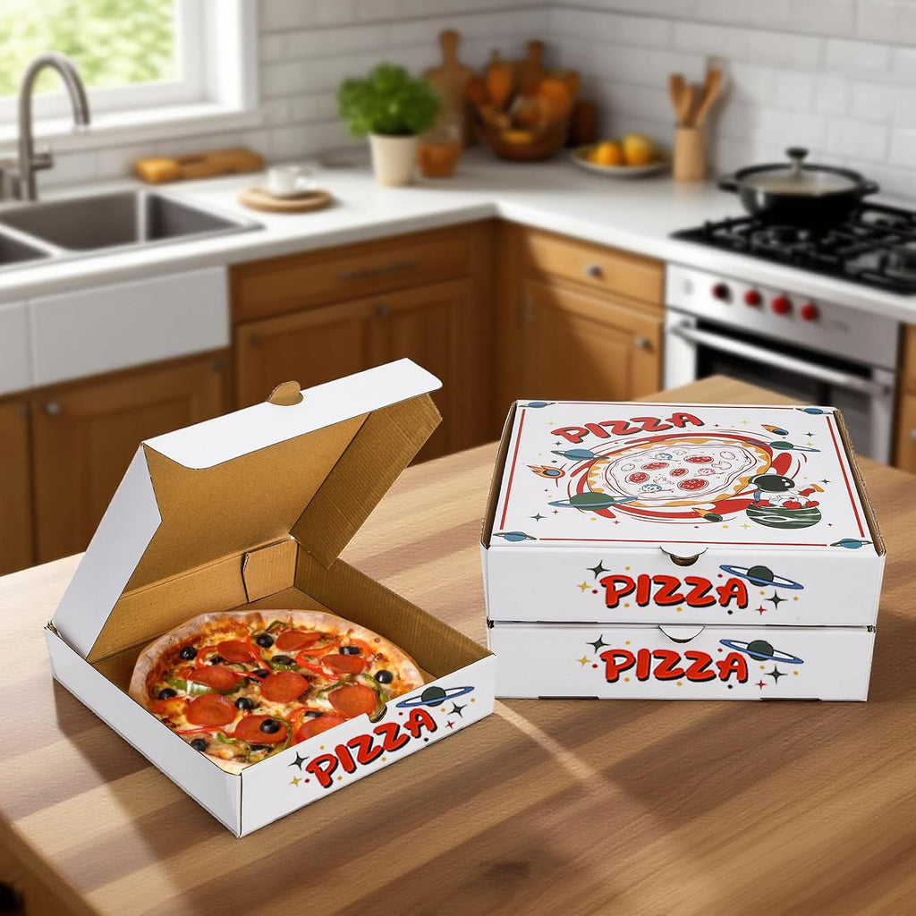 35 Pack Pizza Boxes, 10 x 10 x 2 Inch Small White Corrugated Pizza Planet Box Bulk Takeout Containers Packing Boxes