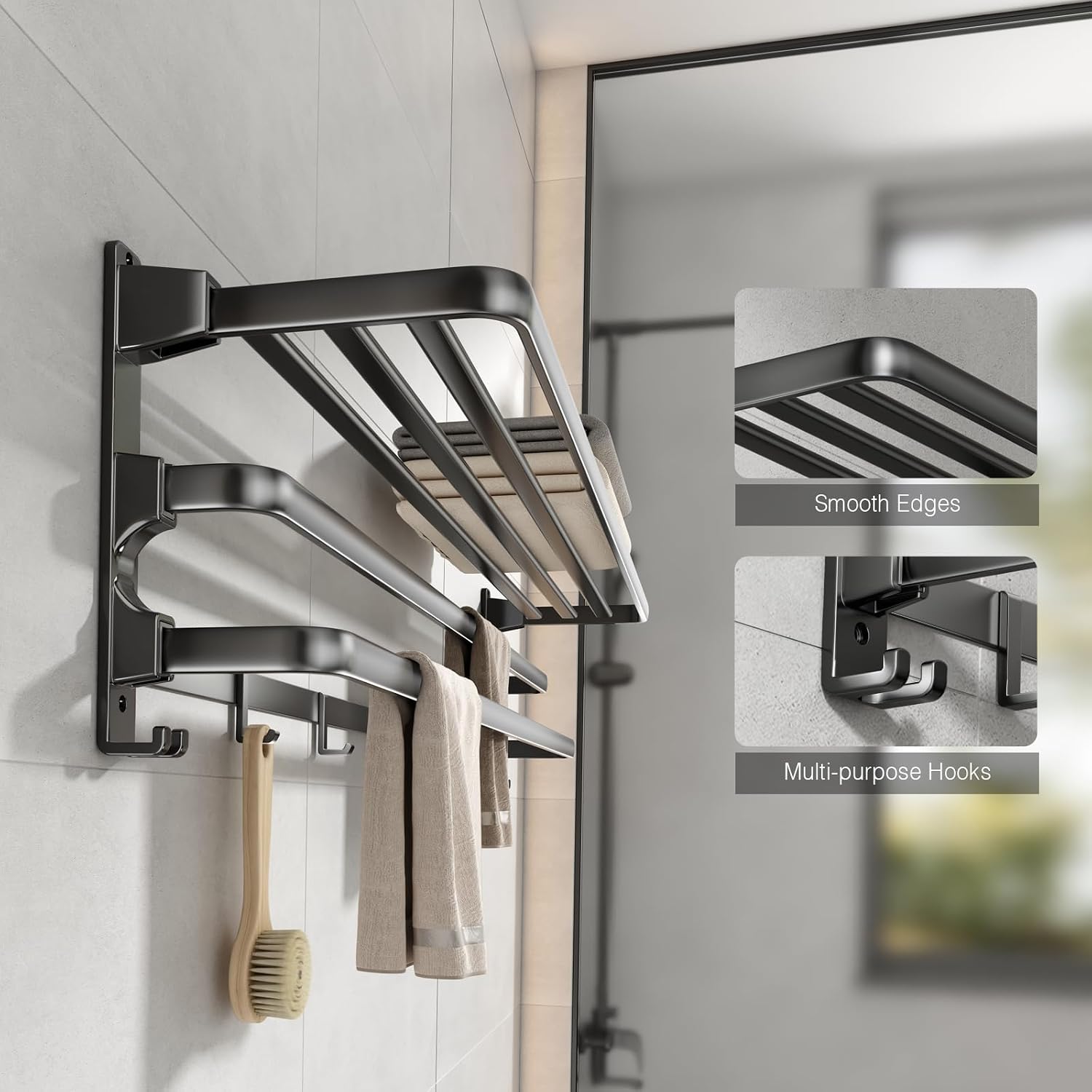 24-Inch Towel Rack,Bathroom Towel Shelf with 2 Towel Bar Foldable Towel Holder with 7 Hooks Towel Storage Organizer