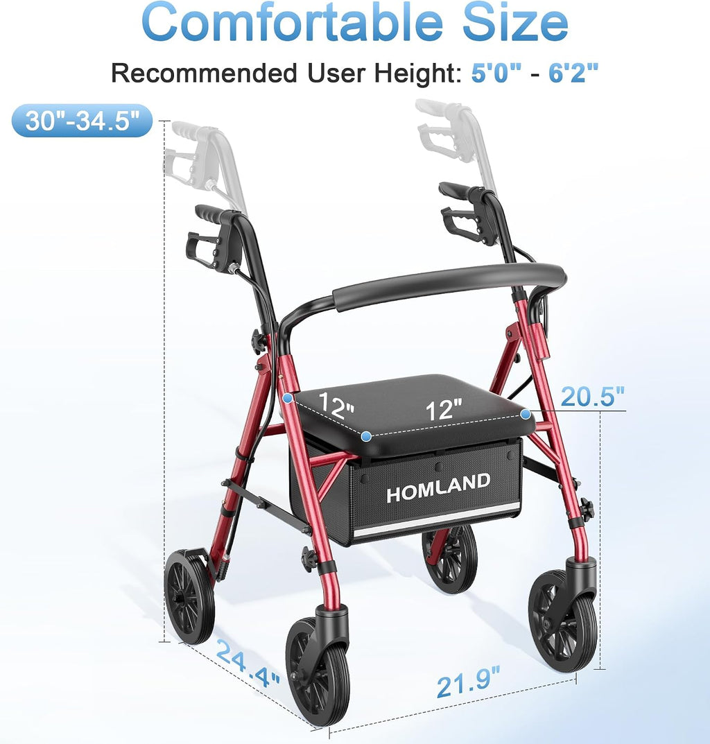Walkers for Seniors with Seat, Portable Rollator, Red | 16 lb Lightweight, 5-Level Height Adjustable, 22" Wide for
