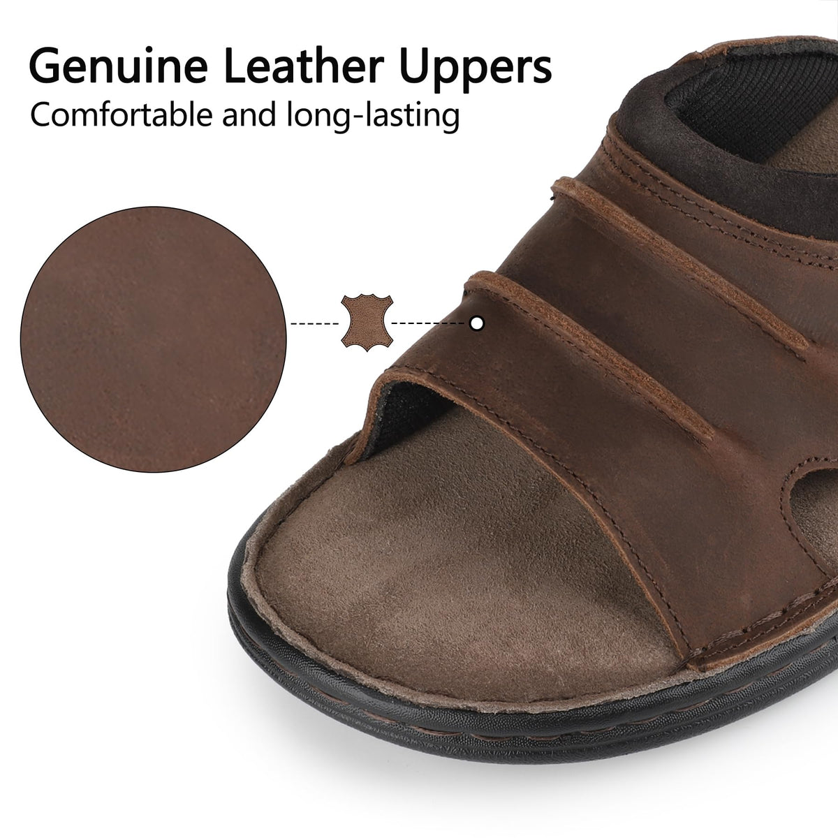 Men's Leather Slide Sandals, Mesh Lined, Memory Foam Brown US11/EU44