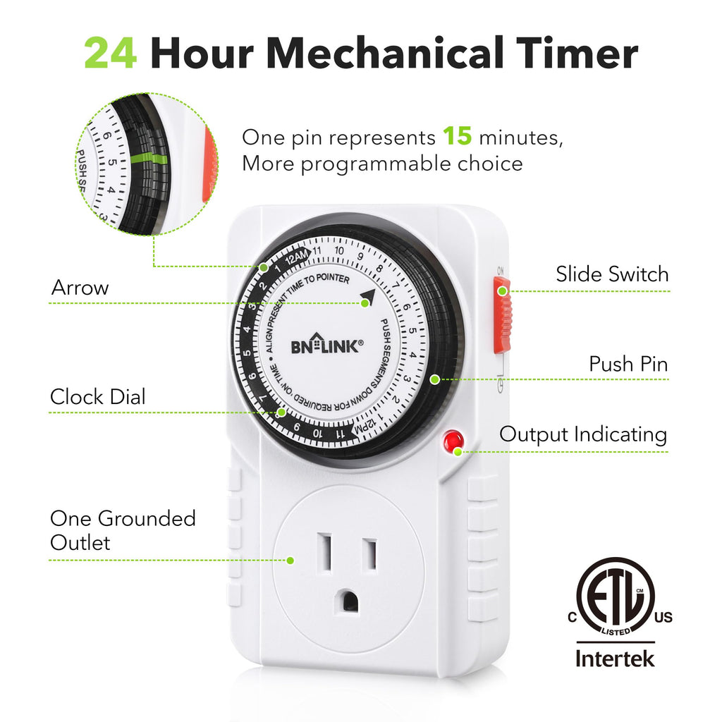 BN-LINK 24-Hour Heavy Duty Mechanical Timer Outlet,Indicator Light, 3-Prong