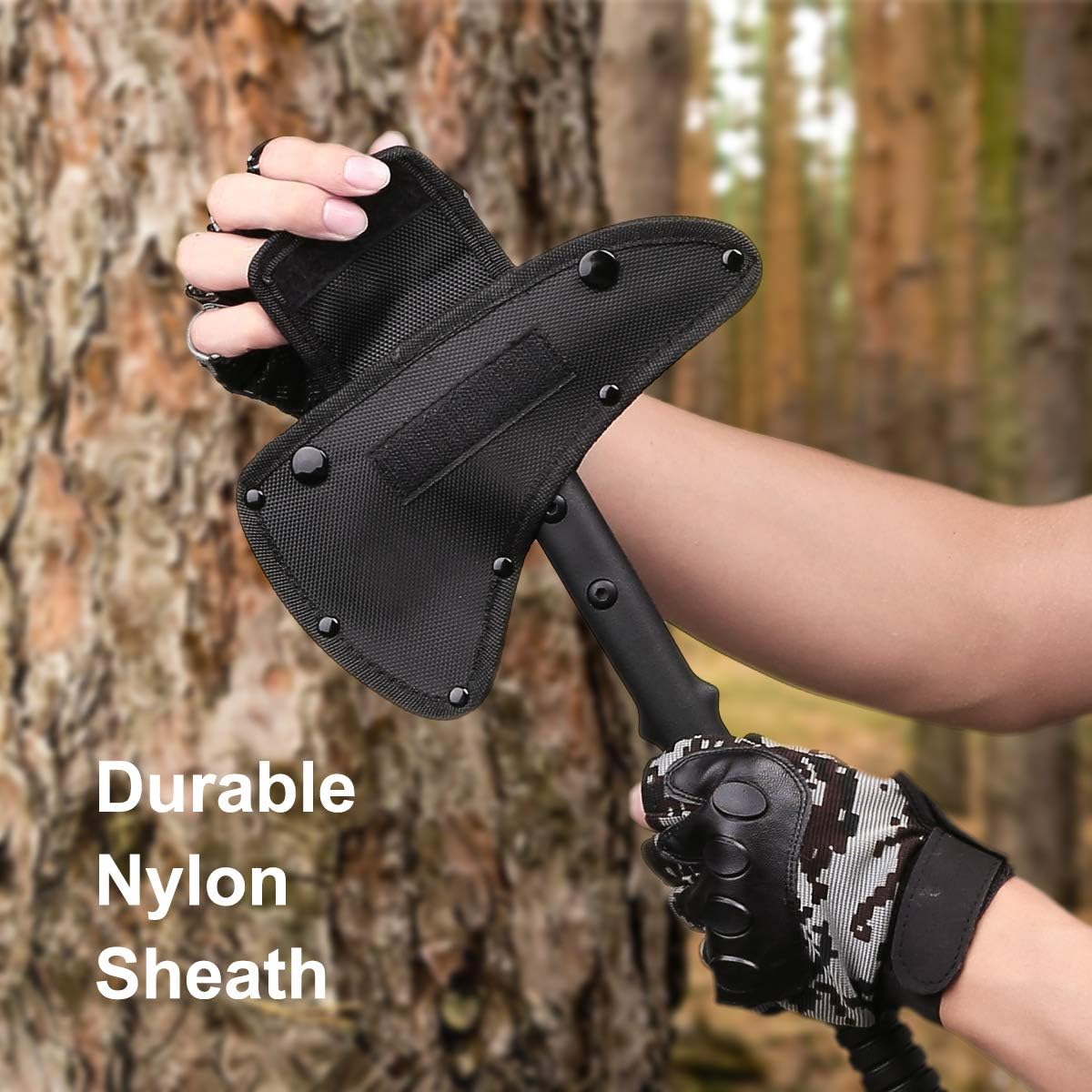 Camping Axe, Throwing Tactical Tomahawk with Spike, Survival Hatchet with Sheath, Nylon Fiber Handle for Outdoor