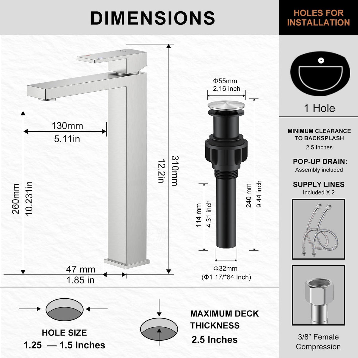 Brushed Nickel Vessel Sink Faucet, 1 Handle Tall Bathroom Sink Faucet