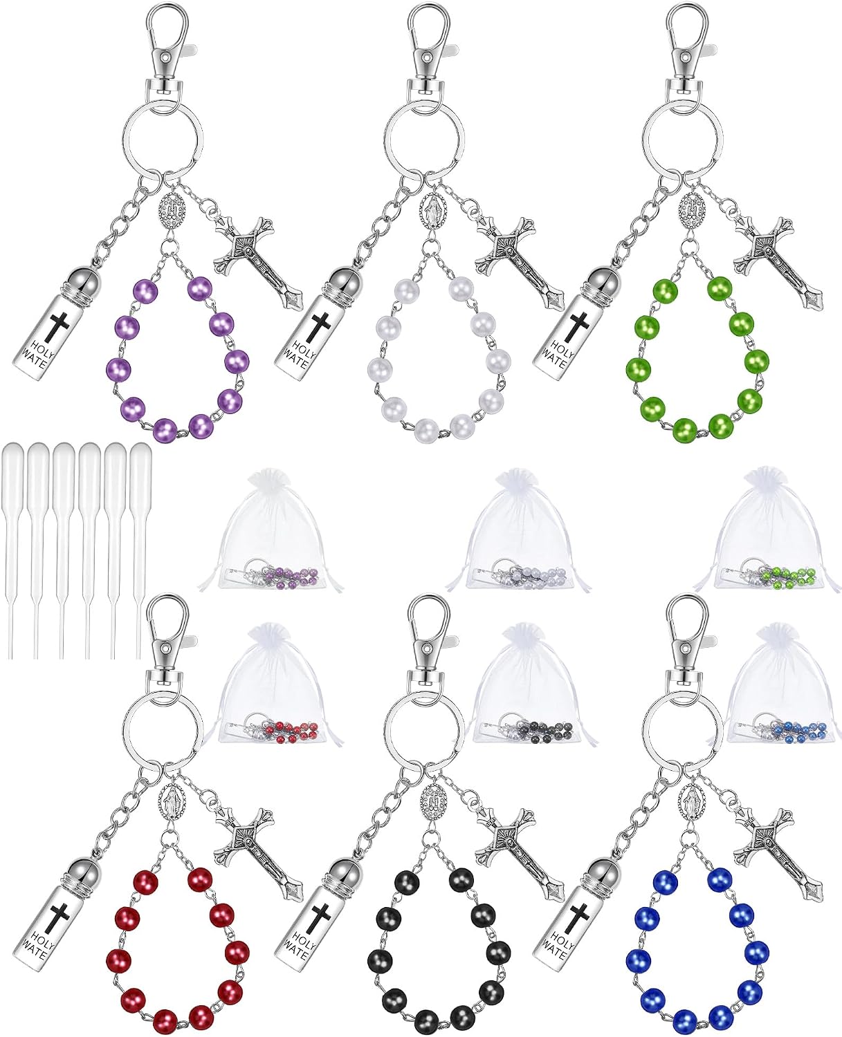 6 Set Holy Water Container Keychain with Rosary Bead, Crucifix, Organza Bags, Eye Dropper, Gift Bulk for Easter