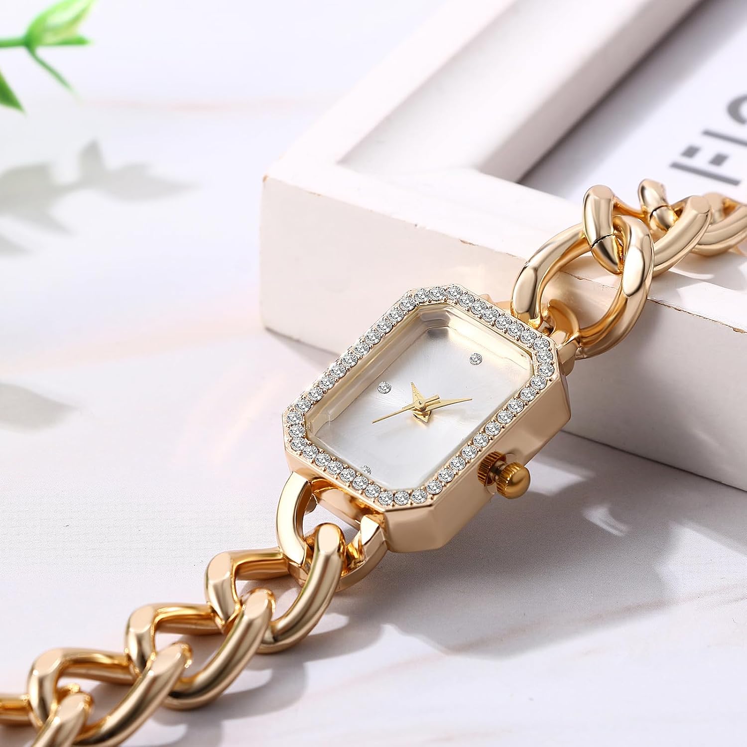 Women s Square Bracelet Watch: Quartz Analog Rhinestone-Encrusted Stainless Steel Detachable Strap Casual Business