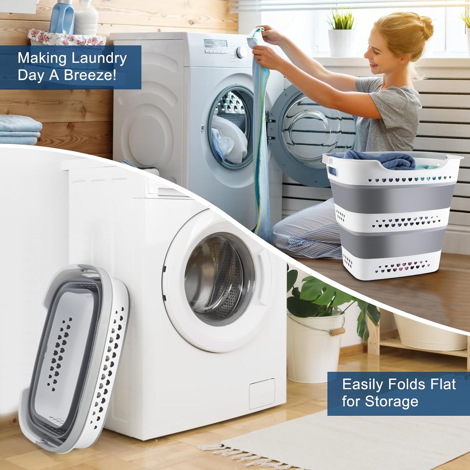 Collapsible Laundry Basket 42L Foldable Pop-Up Clothes Hamper for Dorm | Plastic Pop Up Laundry Hamper with Handle