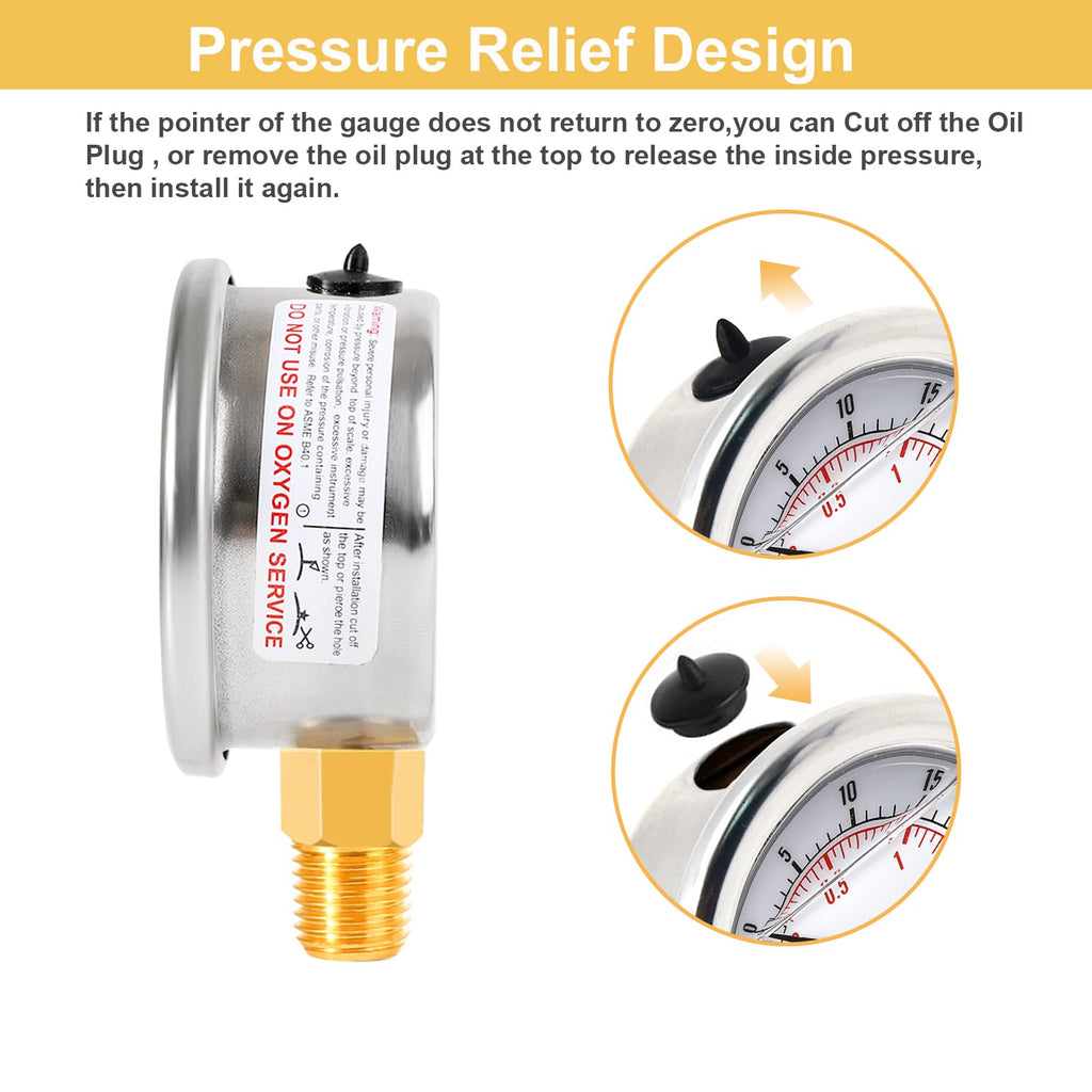UHARBOUR Pressure Vacuum Gauge -30 inhg/30 PSI, 2-1/2" Dial Liquid