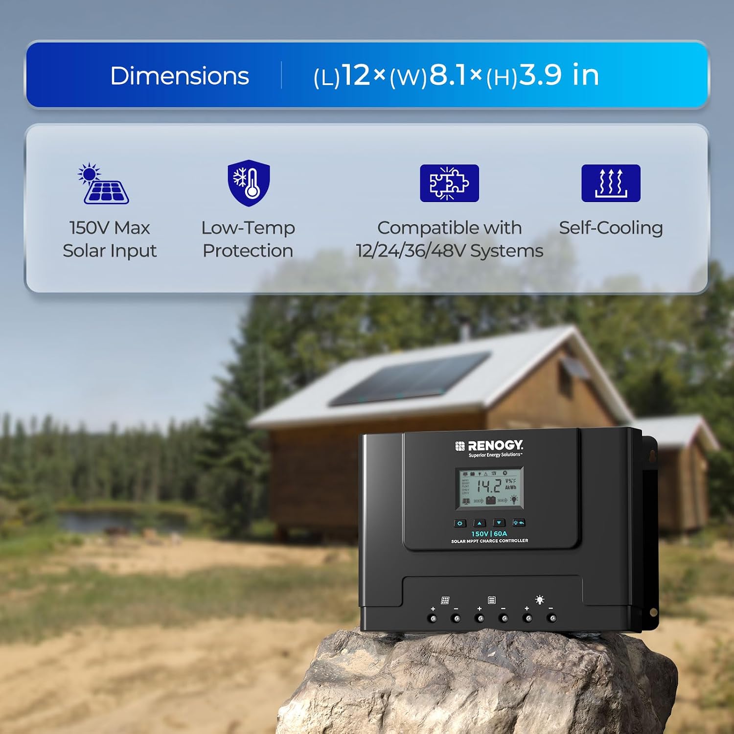 60A MPPT Solar Charge Controller 12V/24V/36V/48V Auto, 150V Maximum Solar Input, for Gel Sealed Flooded and Lithium