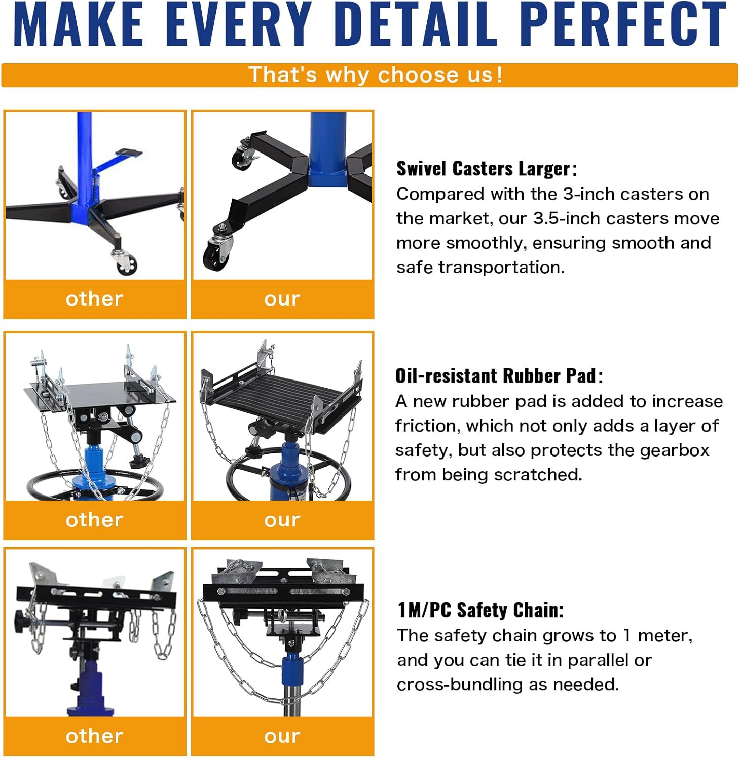 Hydraulic Transmission Jack - 1100 Lbs Capacity, 2-Stage Telescopic Lift 33.8"-72.8", 360° Swivel Wheels, Foot Pedal
