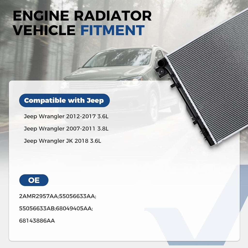 Radiator Compatible with Jeep Wrangler 2007 2008 2009 2010 2011 2012 2013 2014 2015 2016 2017 Wrangler JK – 3.6L 3.8L V6 – 4WD RWD – Replace OE 68143886AA