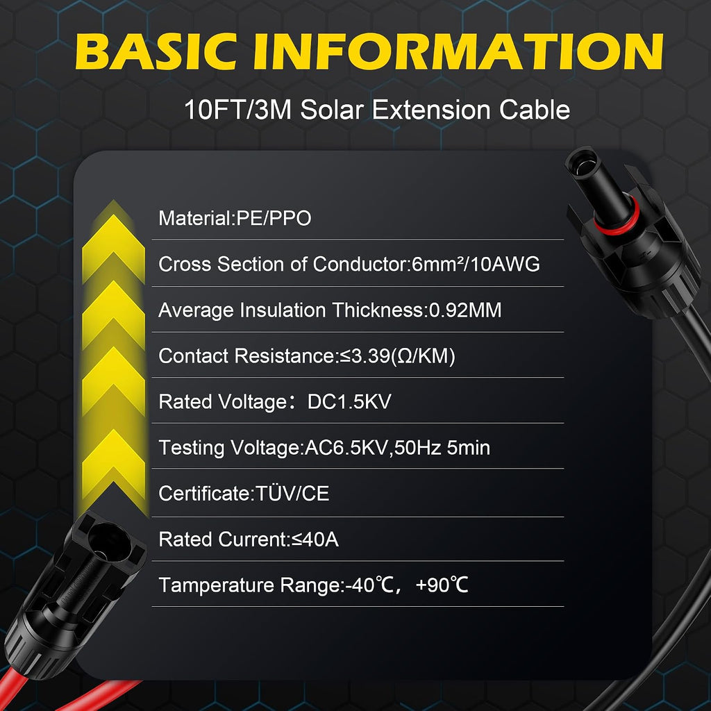 10Ft Solar Cable Solar Extension Cable,10AWG Solar Panel Extension Cable with Female and Male Connectors,Waterproof