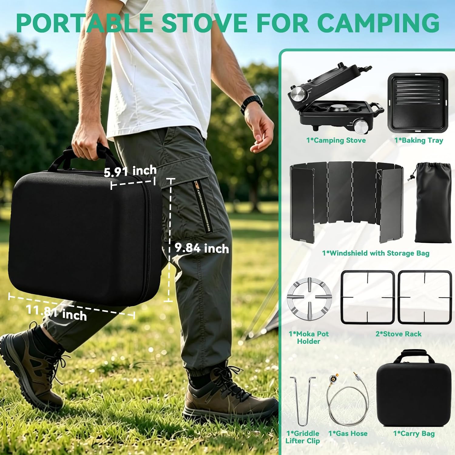 2 Burner Camp Stove 24000 BTU, Portable Propane Camping Stove with Windshield, Foldable Gas Stove with Adjustable