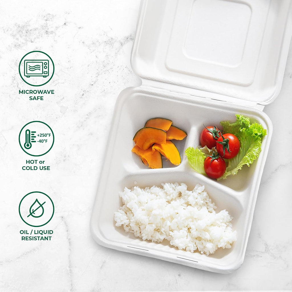Clamshell Food Containers with Lids [9x9"] 3-Compartment 100-Pack, Disposable To Go Containers, Biodegradable