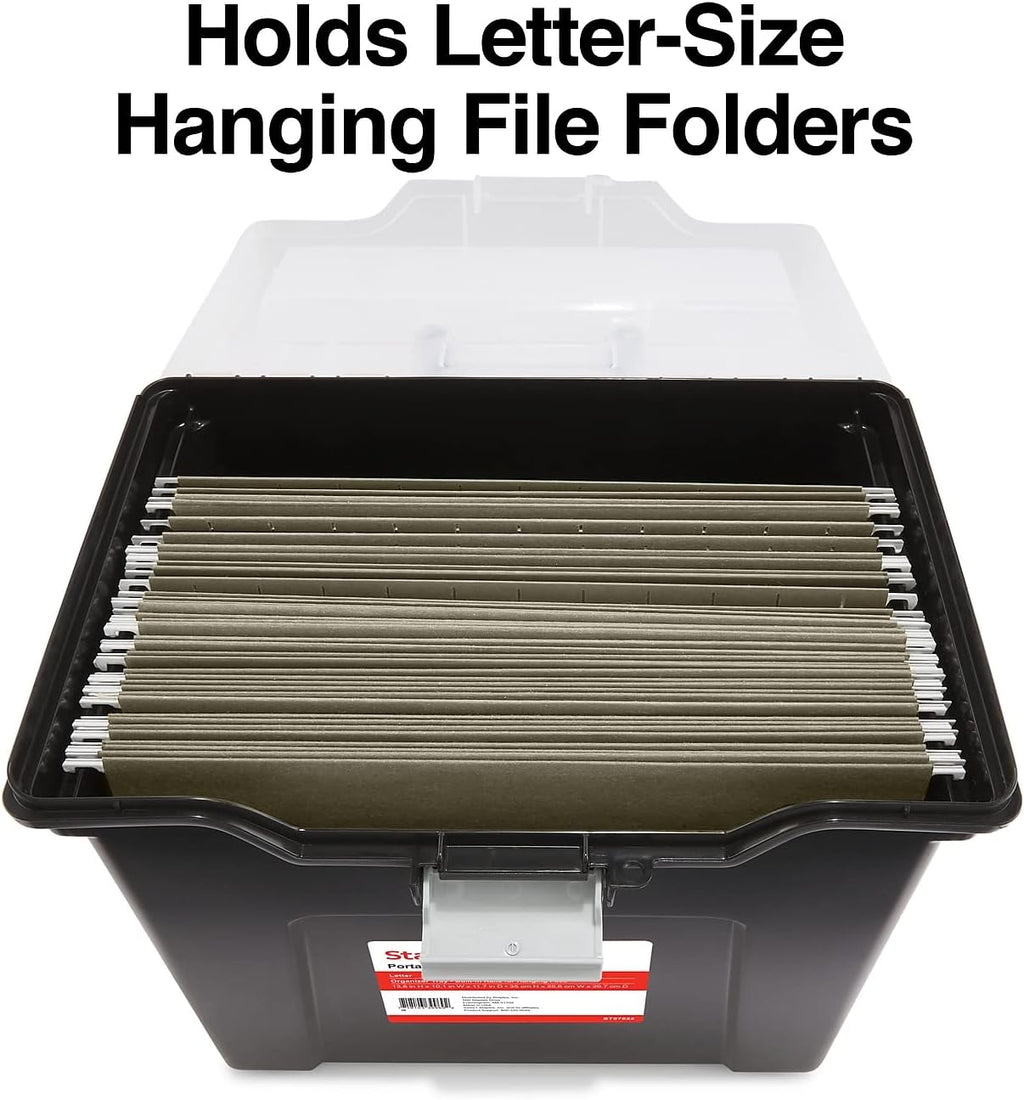 File Folder Tote, Portable Filing Box for Letter SIze Hanging Folders, Security Latch & Built-In Lid Organizer