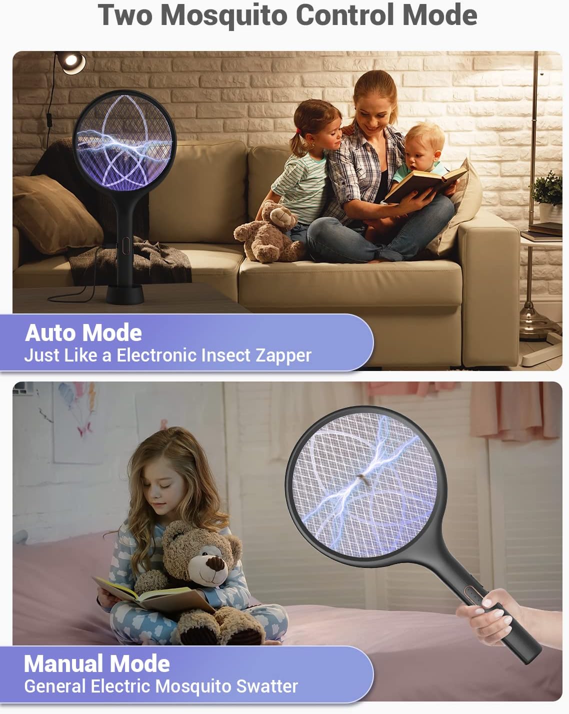 Electric Fly Swatter 4000V Bug Zapper Racket Dual Mode (2, Black) | Auto Manual Mode, Purple Attractant Light