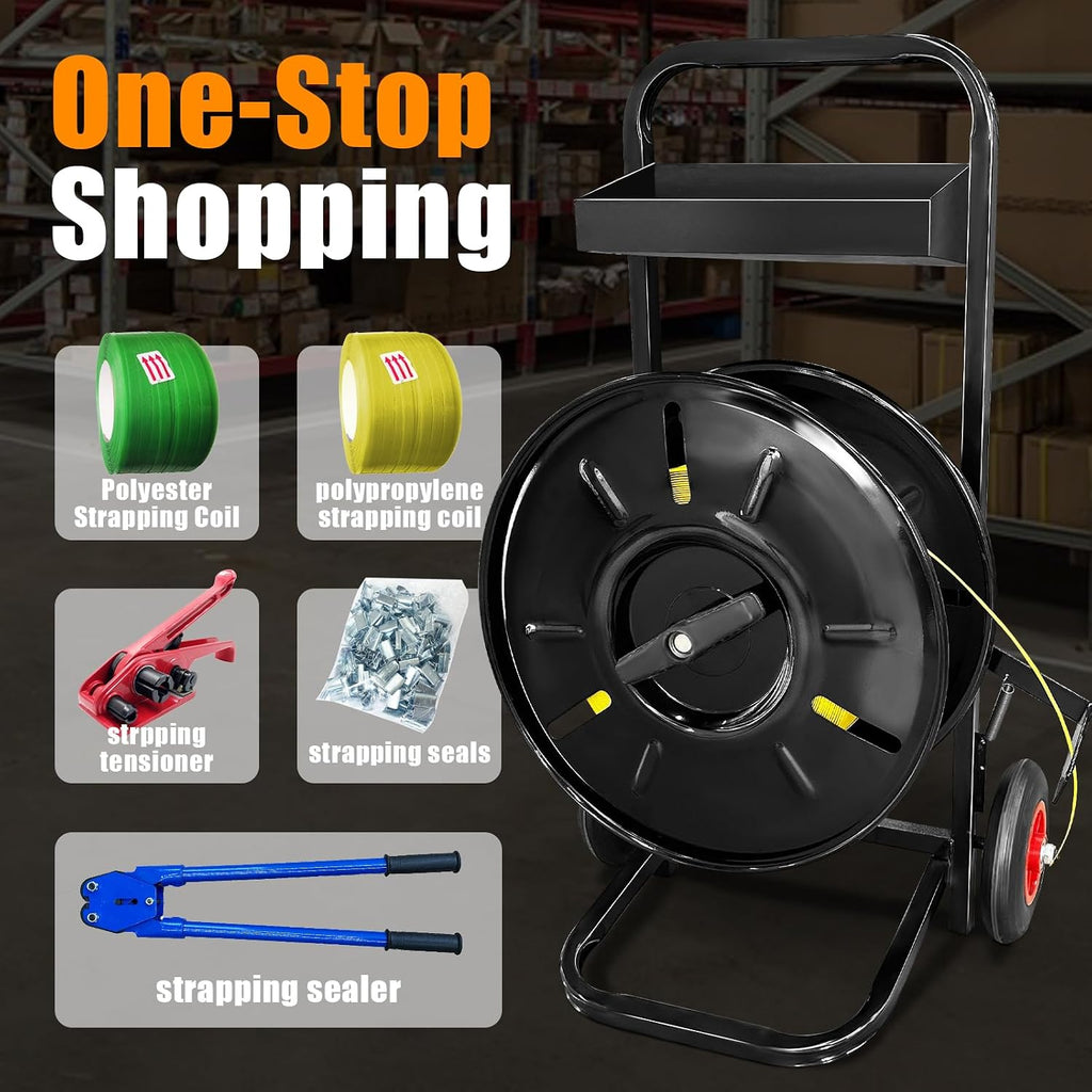 Heavy Duty Strapping Cart & Dispenser for Polypropylene (PP) Strapping Coils with 8"x8" - 10"x10" Core Size