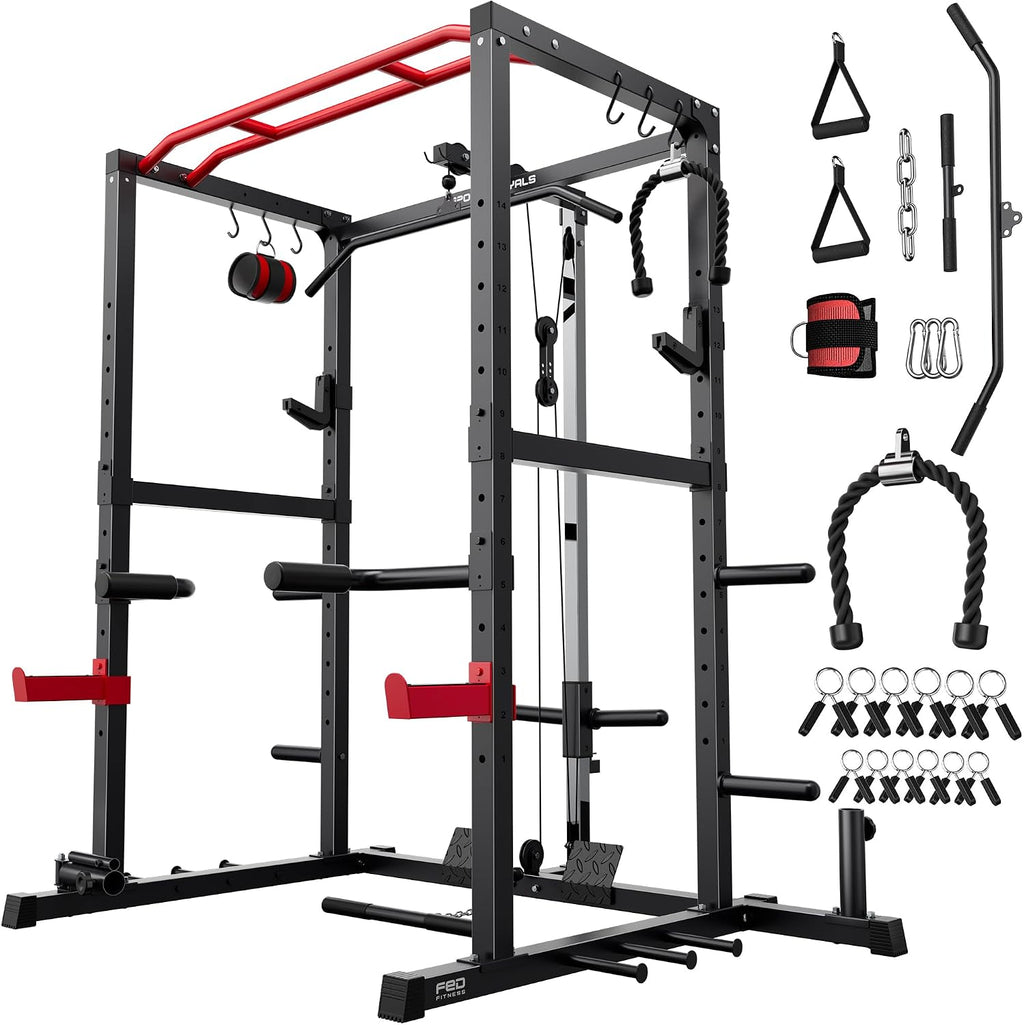 Power Rack, Multi-Functional Power Cage, Squat Rack with Pulley System & LAT Pull Down, Workout Cage with J Hooks for