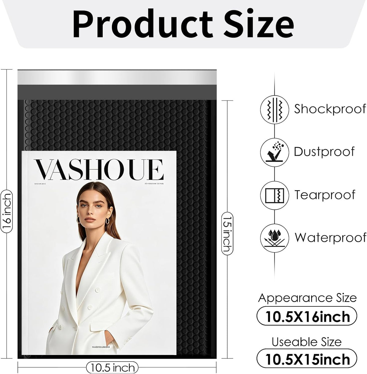 Bubble Mailers 10.5x16" 40 Pack Black Padded Envelopes Waterproof Usable Size 10.5x15 Self-Seal Padded Mailing