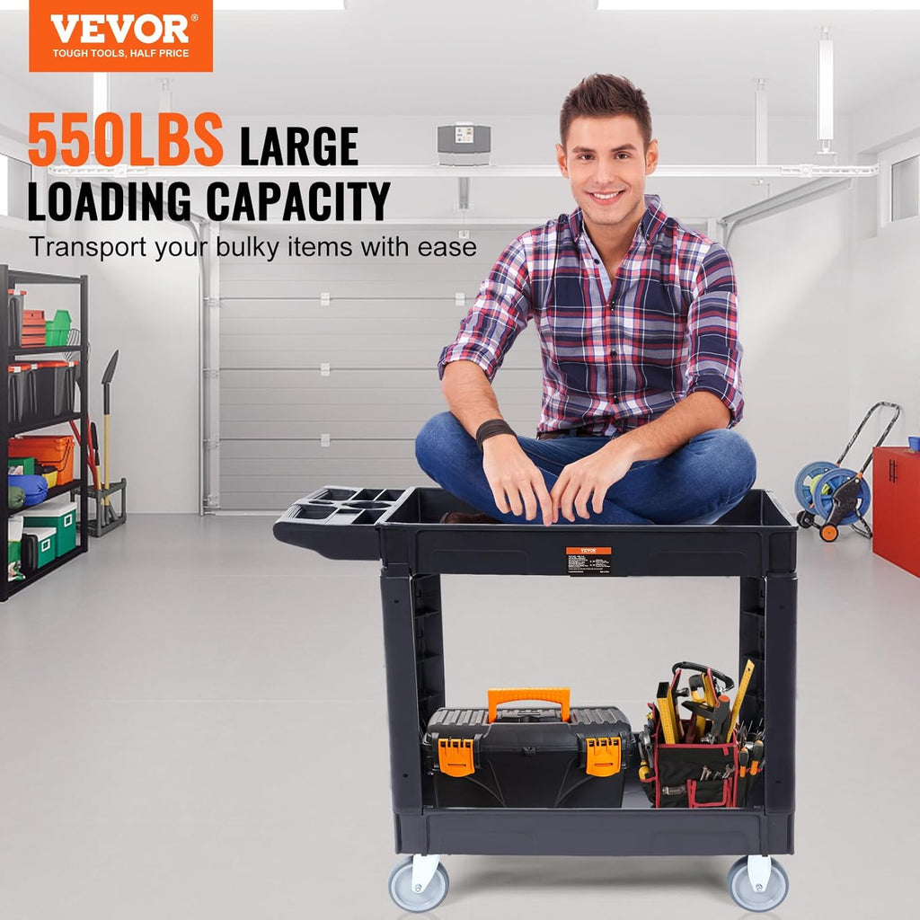 Utility Service Cart, 2 Shelf 550LBS Heavy Duty Plastic Rolling Utility Cart, Medium Lipped Shelf, 360° Swivel