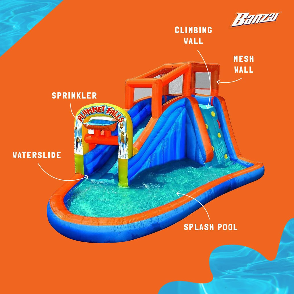 Plummet Falls Inflatable Water Park with Waterslide, Sprinkler, and Climbing Wall