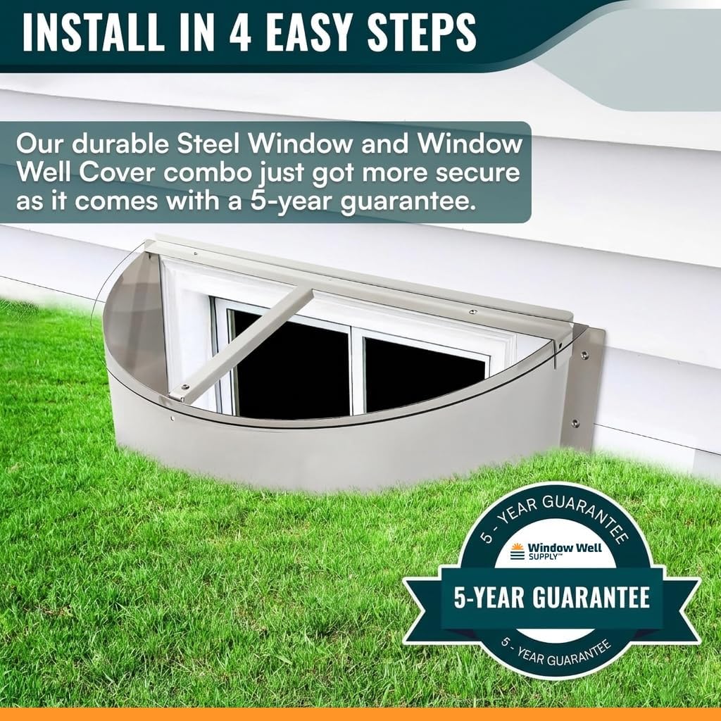 Steel Window Well and Well Cover Combo, 38" W x 17-1/2" L x 11-1/2" D, Grey
