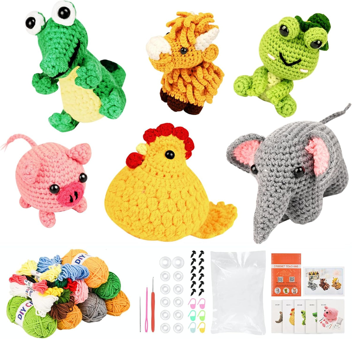 Crochet Kit for Beginners | Set of 6 Animal Crochet Kits with Yarn & Video Tutorials, Includes Frog, Crocodile
