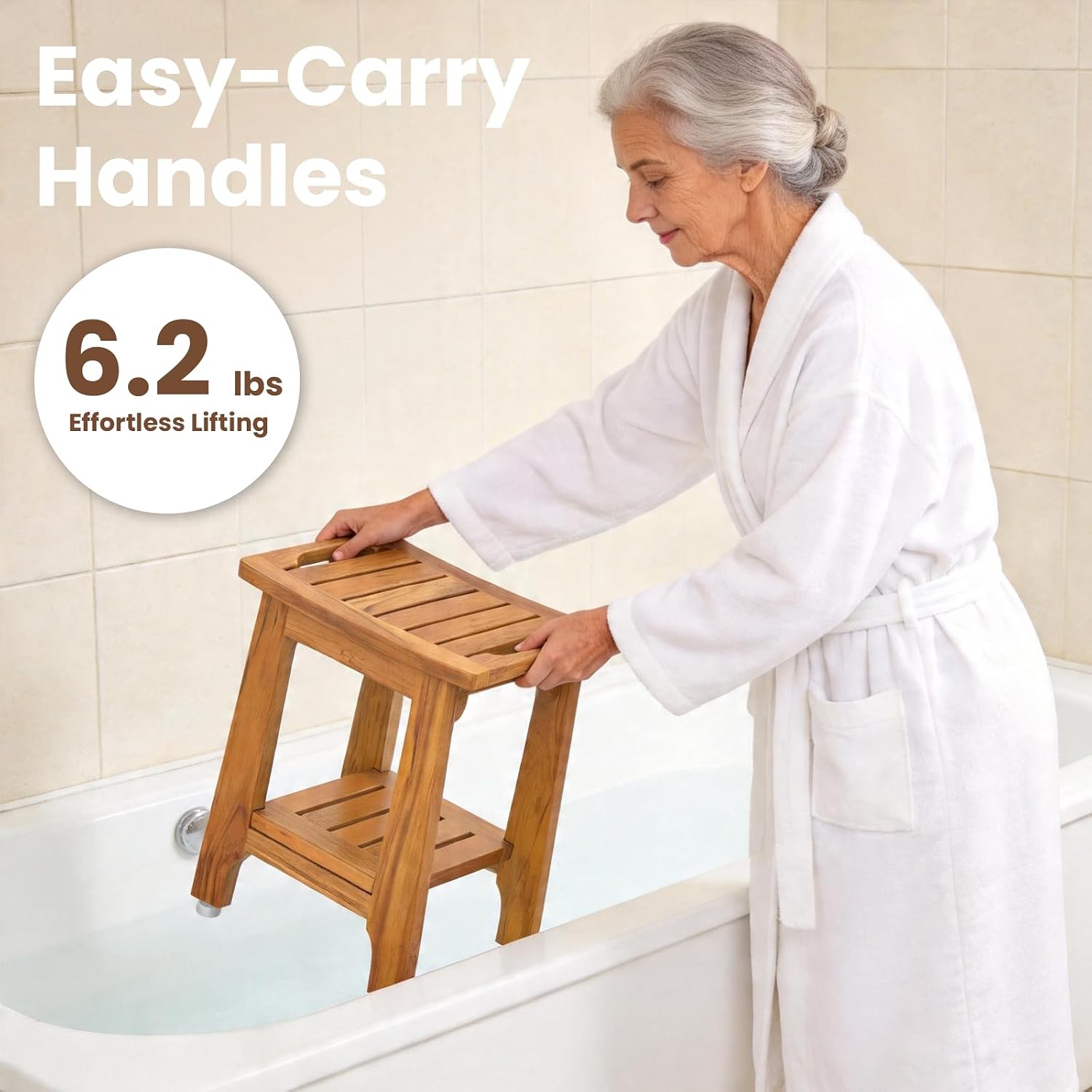 14" Compact Teak Shower Stool with Shelf & Handle - Waterproof, Non-Slip Bath Bench for Small Bathrooms/Tub/Outdoor