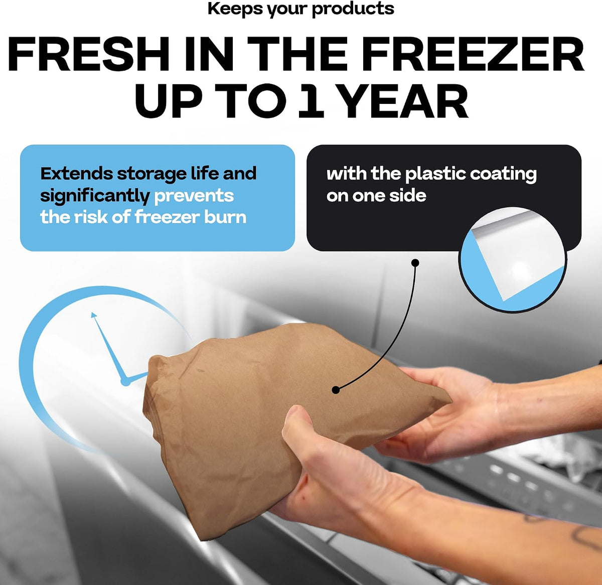 Brown Freezer Paper Roll 18" x 1800" (150 feet) with Freezer Tape, USA-Made