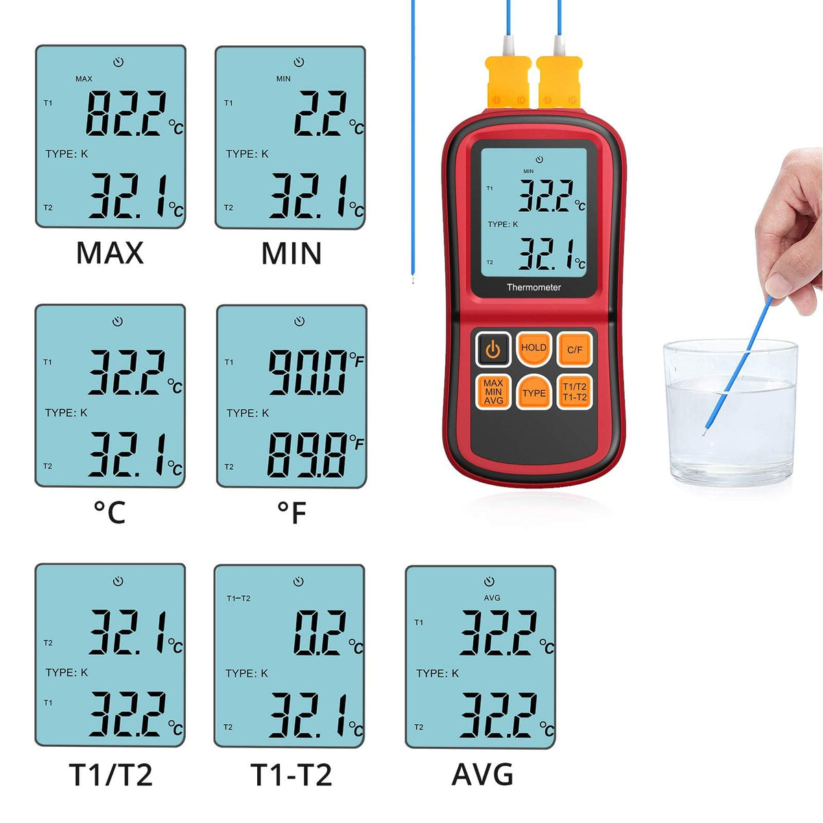 KAMTOP Dual Channel Thermocouple Thermometer, K-Type Temperature Meter