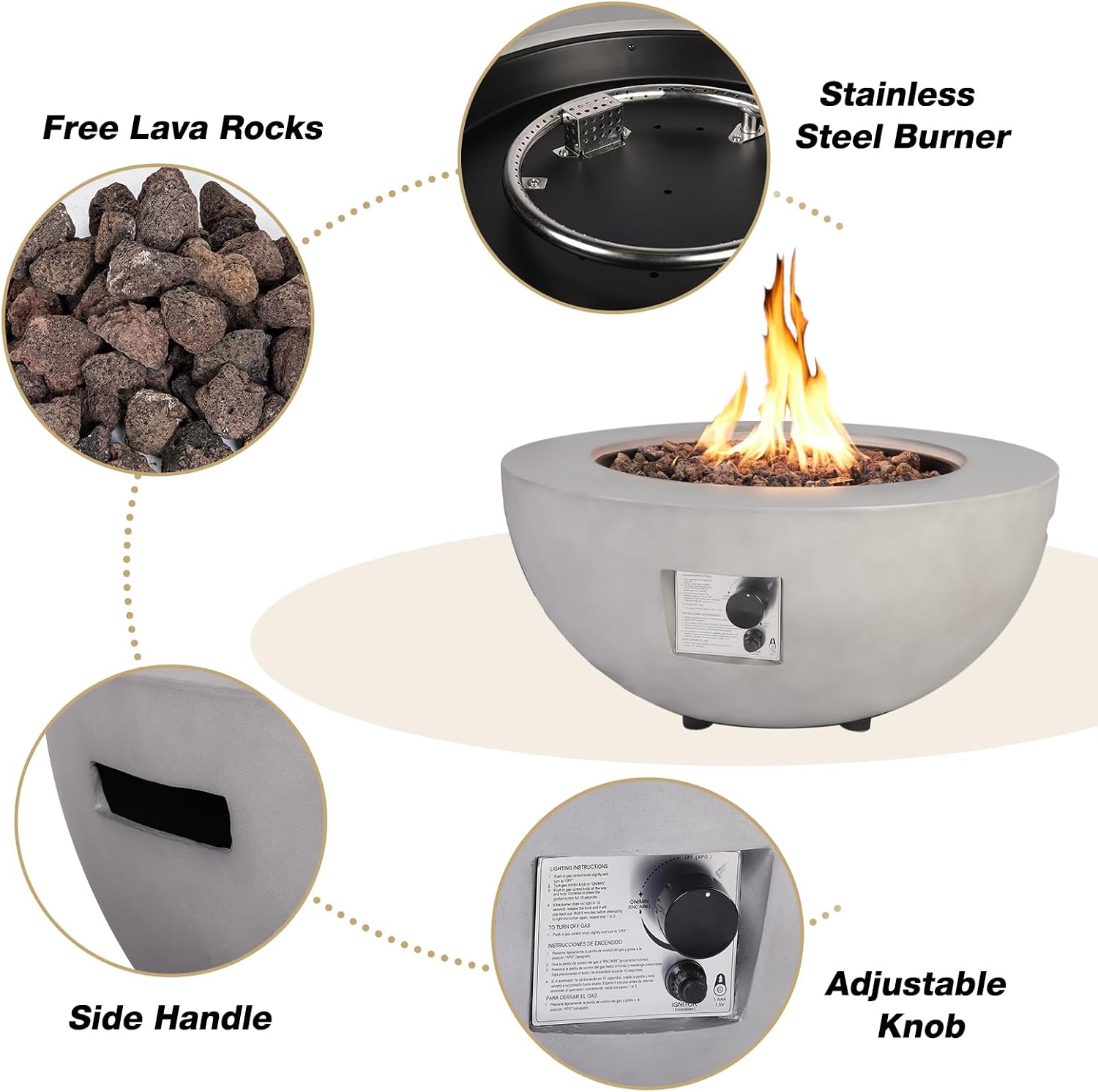 2-Piece Outdoor Propane Fire Pit Table Set w/Tank Cover Table, 31.5-inch 50,000 BTU Bowl Concrete Firepit SUS201