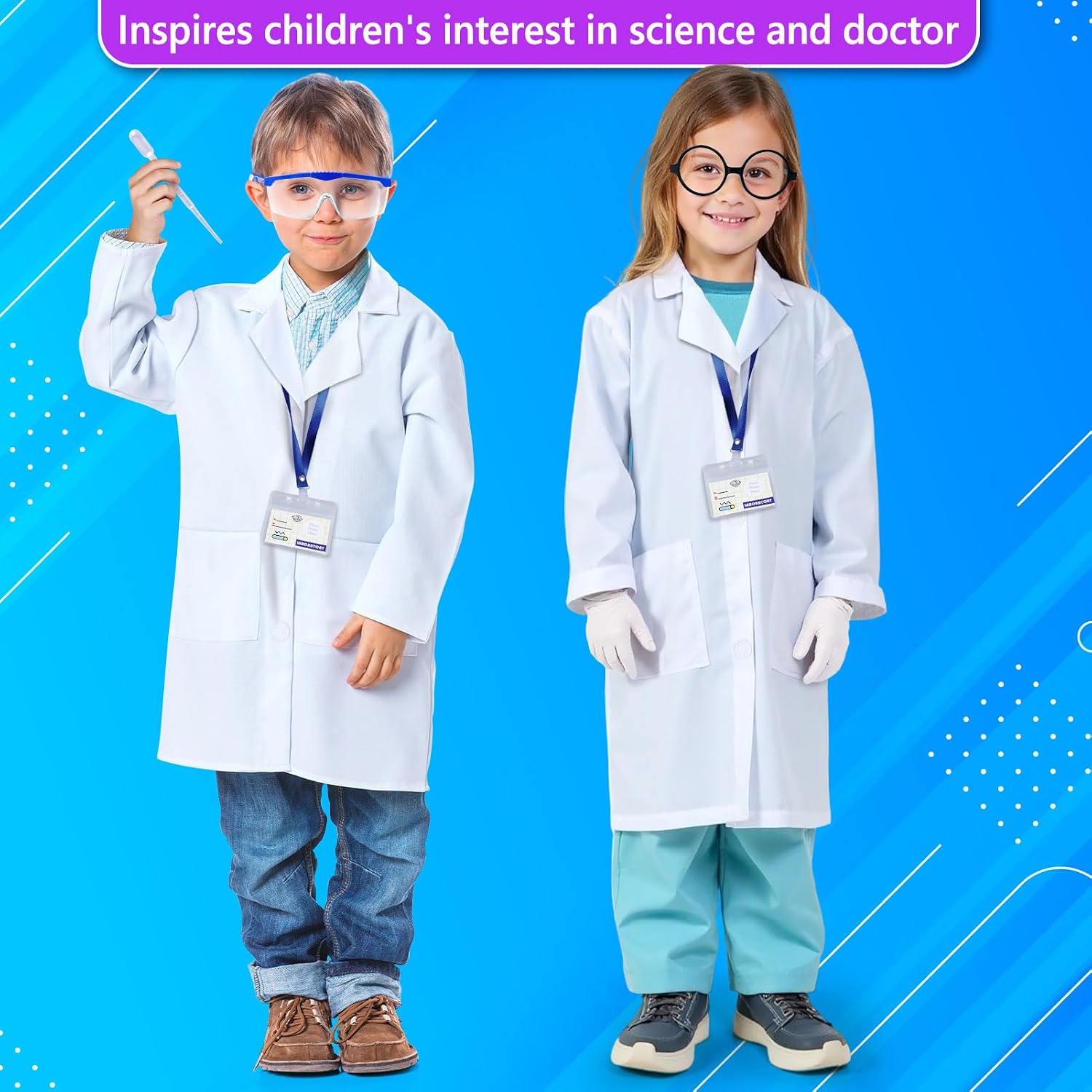 Kids Scientist Costume Lab Coat Doctor Pretend Play for Boys Girls, with Goggles Glasses ID Card Gloves