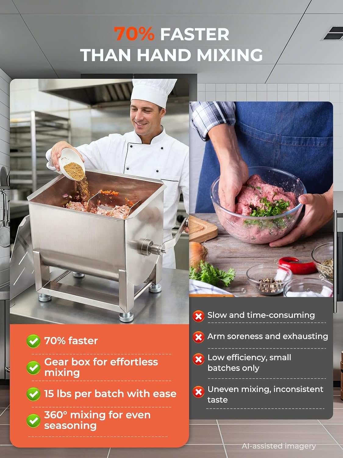 20lbs Manual Meat Mixer, 304 Stainless Steel Meat Mixer for Sausage Making, Deer & Wild Game Processing, Ground Beef